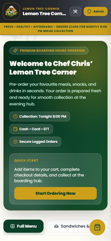 Chef Chris' Lemon Tree Corner website on mobile